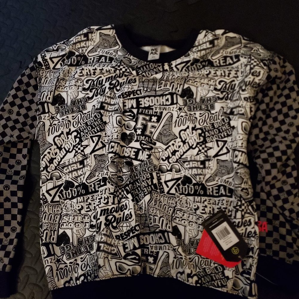 Zumba Graphic Gray Checkered Sweatshirt Pullover - Size Small